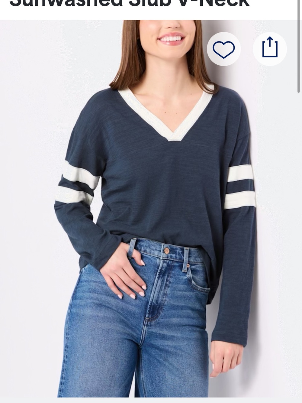 Sunwashed Slub V-Neck Long-Sleeve Top - Navy with White Trim